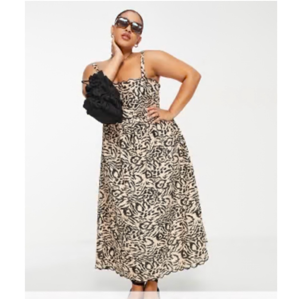 ASOS curve scollop Elegant brown and Cream Patterned Dress size 20 nwt